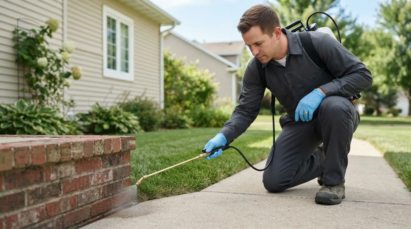Pest control technician treating a home near Mayer, AZ